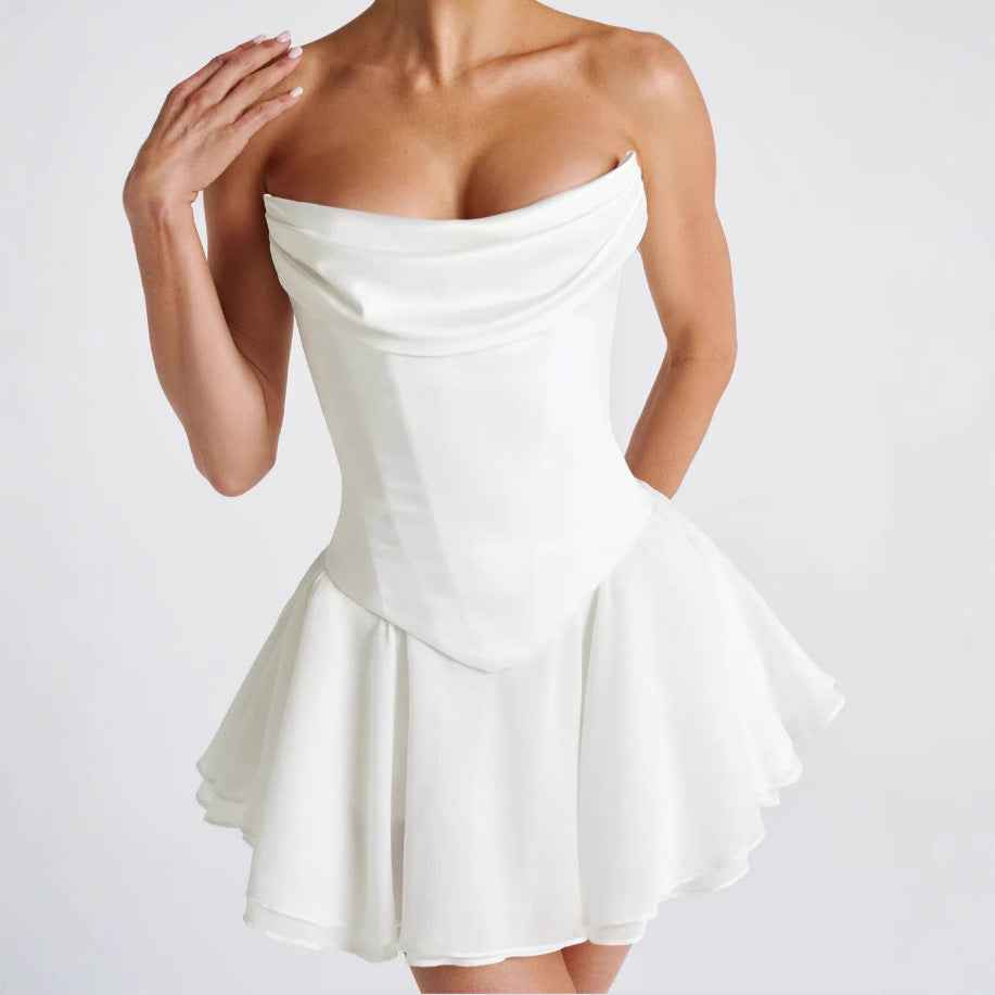 French Solid Color Tube Top Dress With Sleeves