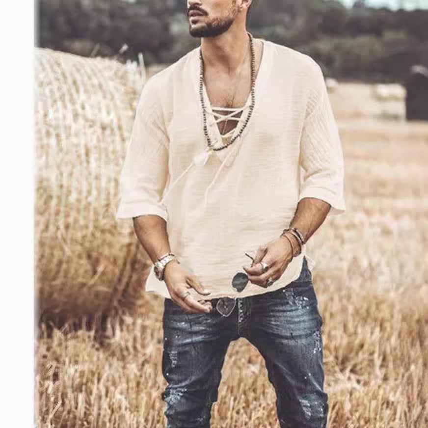 Men's Lace-Up Mid Sleeve T-Shirt - Unique Corn Design Casual Tee