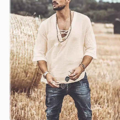 Men's Lace-Up Mid Sleeve T-Shirt - Unique Corn Design Casual Tee