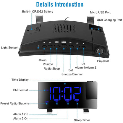 1Pc Projection Alarm Clock With Radio Function Curved Screen LED Digital Alarm Clock With Dual Alarms 4 Dimmer 12-24 Hour USB Charging Port 180Degree Rotatable Projection - DropOnline.co