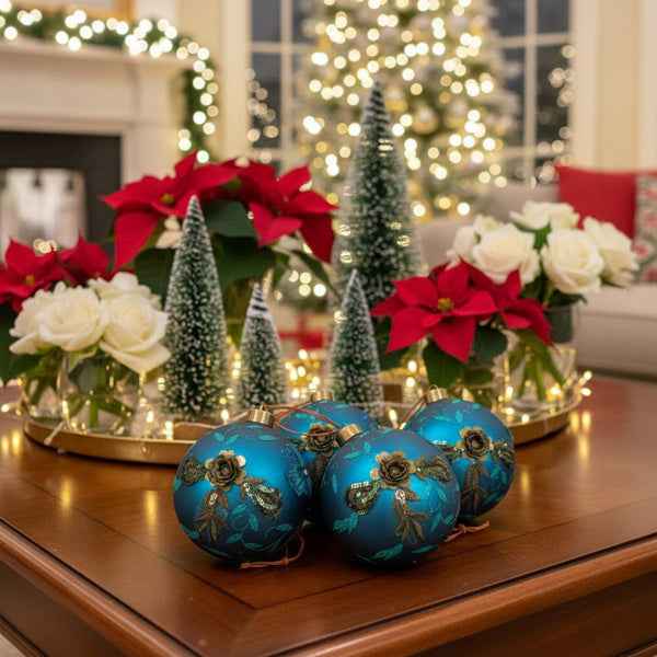 4PCS Glass Christmas Ball Ornaments Set - Shiny Blue Holiday Tree Decorations (4.7 inch) - DropOnline.co