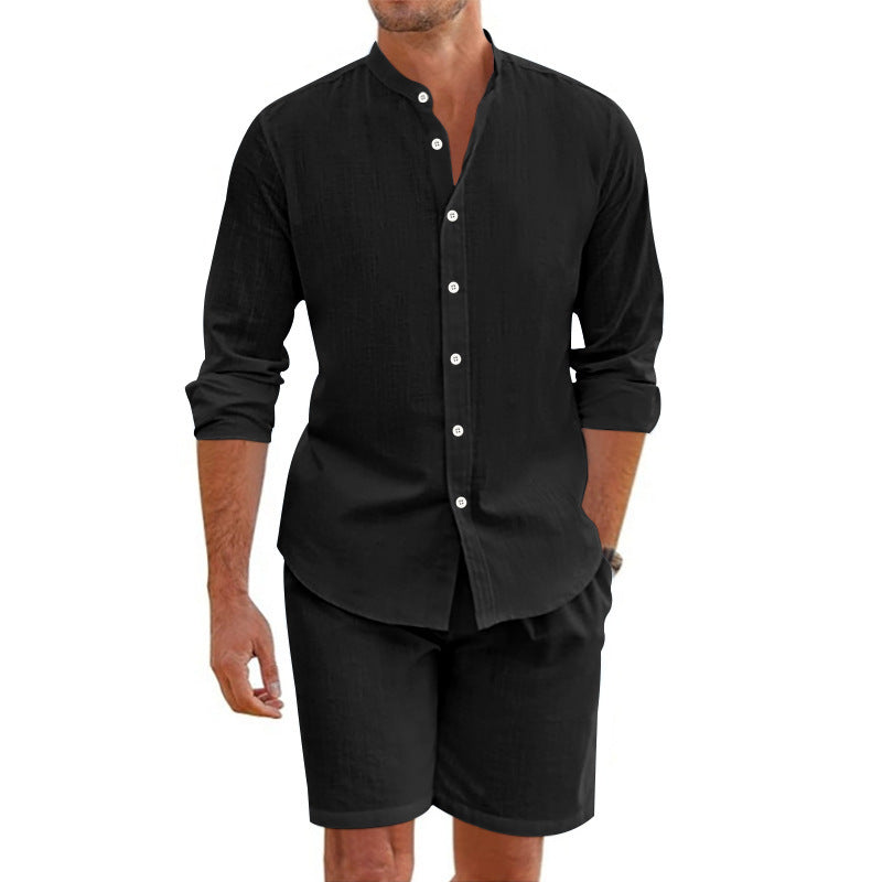 Men's Summer Short Shirt Suit Set - Beach Clothing with Drawstring Shorts