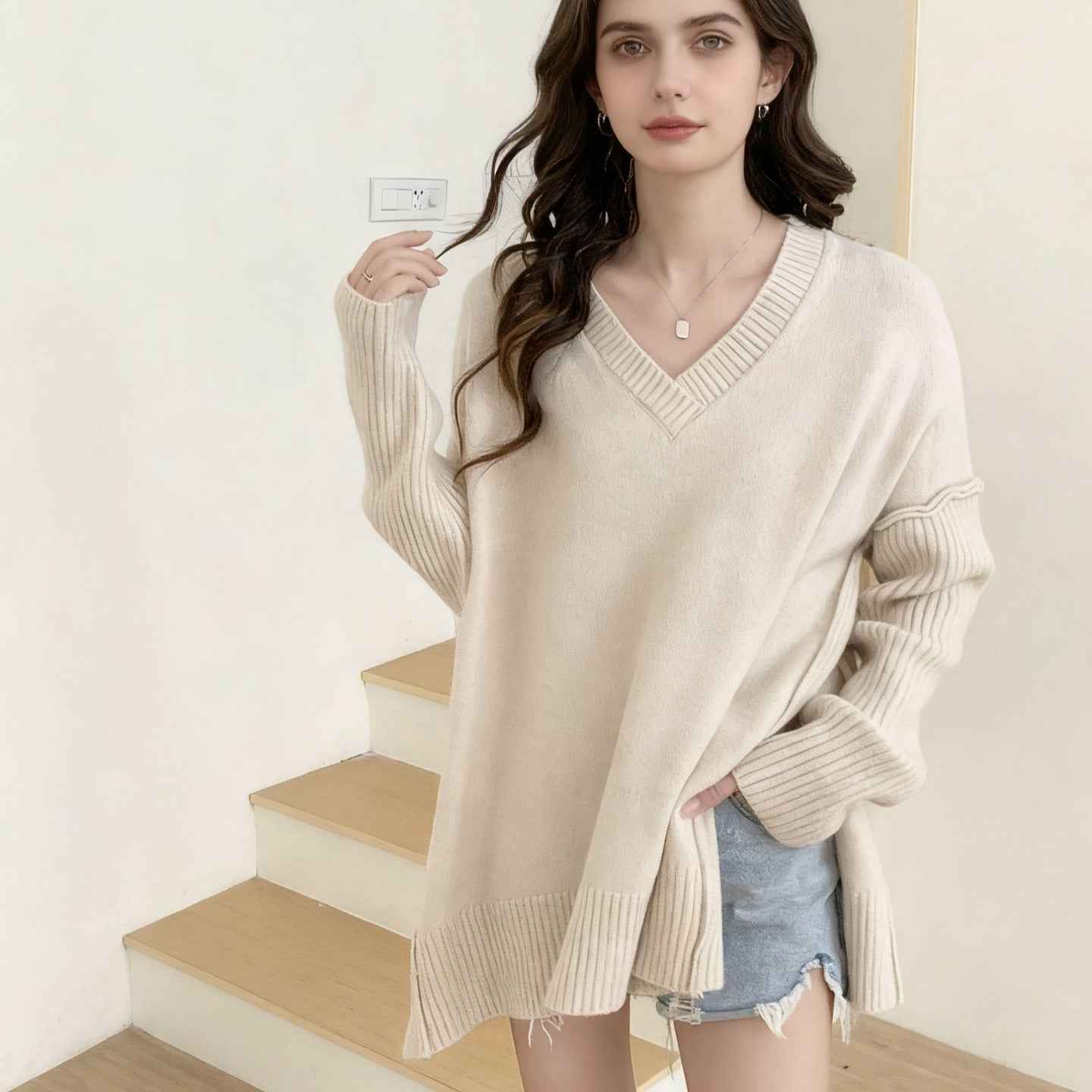 Knitwear Women's V-neck Plus Size Fashion Pullover Sweater