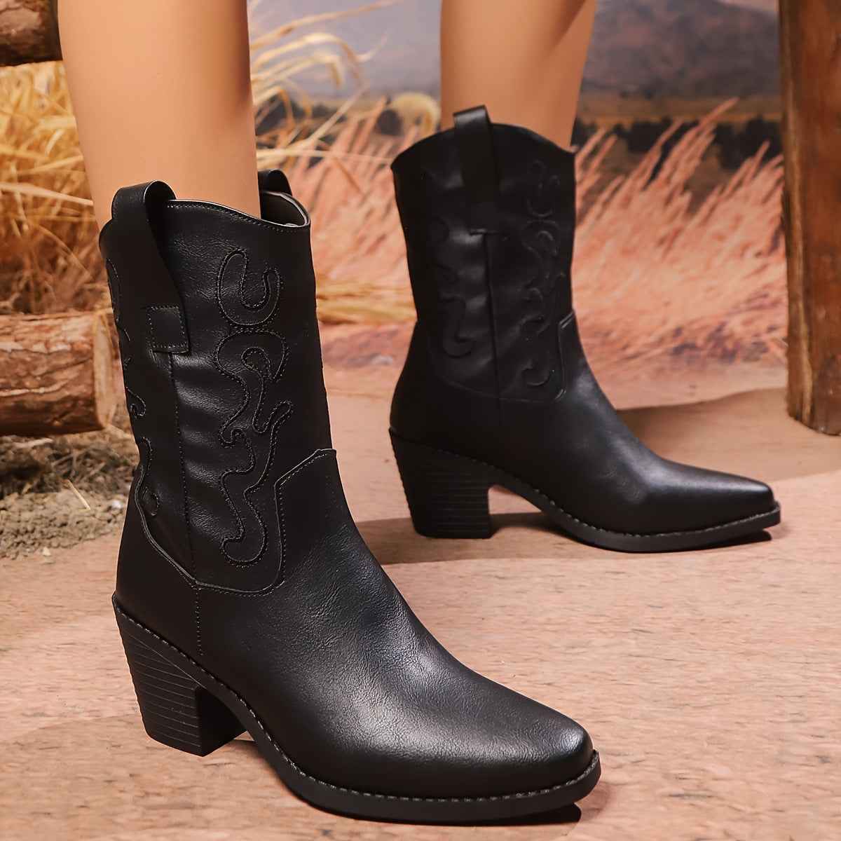 British Style Chunky Heel Mid-calf Pointed Toe Plus Size Ankle Boots