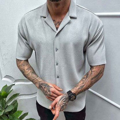 Men's Solid Color Short Sleeve Cardigan Shirt - Casual Button-Up