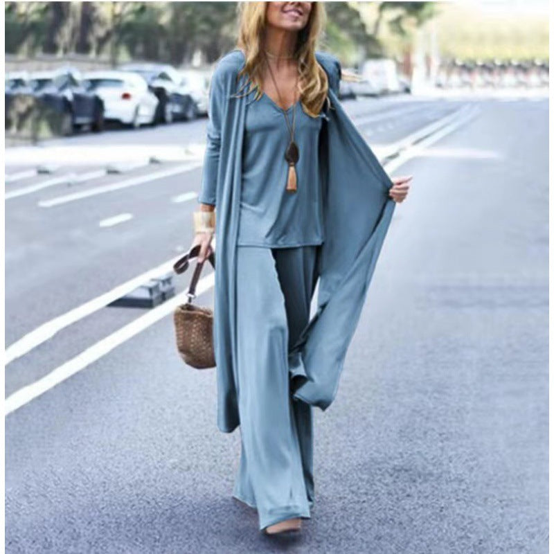 Loose Plain-Color Three-Piece Collar Halter-Neck Dress - Casual Chic Style