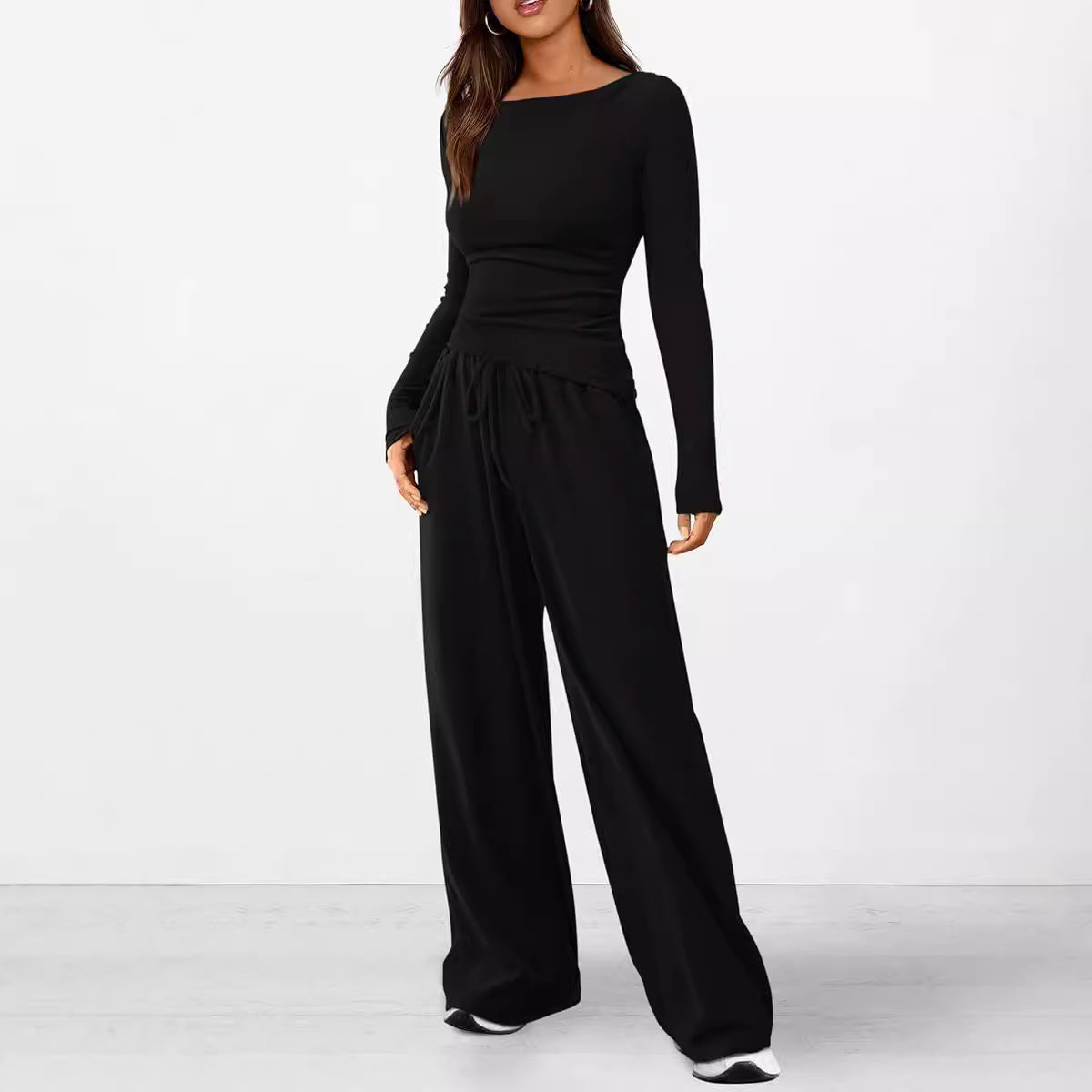 Women's Asymmetric Casual Set - Long Sleeve Top & Wide Leg Pants