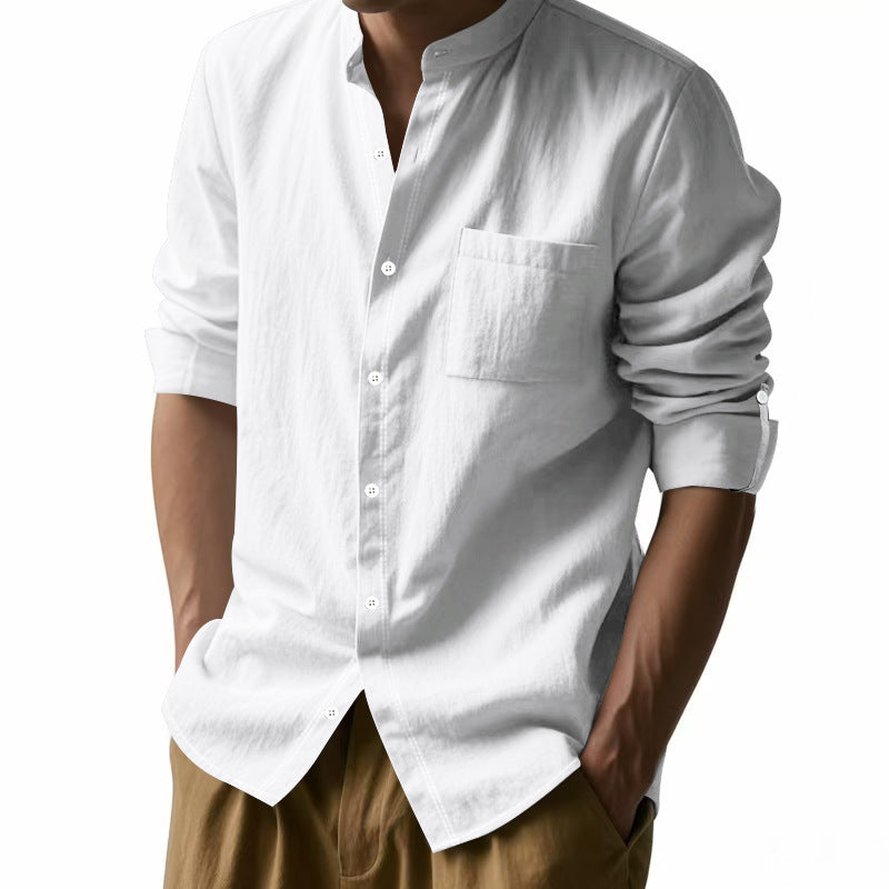 Men's Long Sleeve Stand Collar Shirt with Pockets - Casual Button-Up Top
