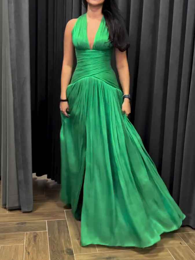 Emerald Green Plunging Neckline Gown With Pleated Skirt And Side Slit