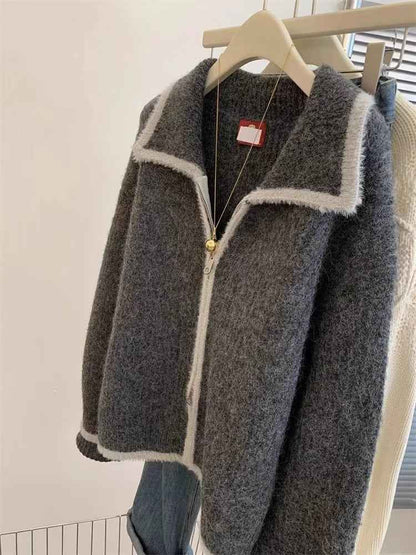Gray Raccoon Fur Collar Coat Sweater