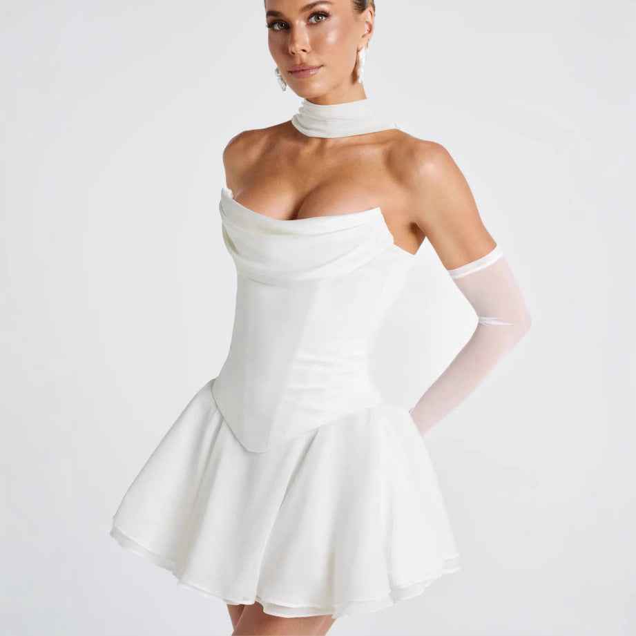 French Solid Color Tube Top Dress With Sleeves