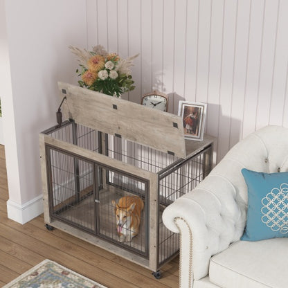 Furniture Style Dog Cage Side Table With Wheels With Double Doors And A Raised Top. Grey - DropOnline.co