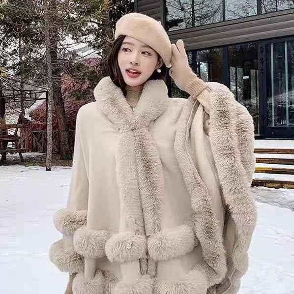 Loose Fur Collar Shawl, Cold-proof Fleece-lined Thick Coat