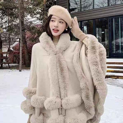Loose Fur Collar Shawl, Cold-proof Fleece-lined Thick Coat