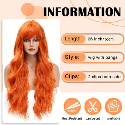 Elegant Long Orange Non-toxic Wig, Synthetic Wavy Hair Wig For Ladies, 28-inch Long Hair, Suitable For The Whole Scene - DropOnline.co