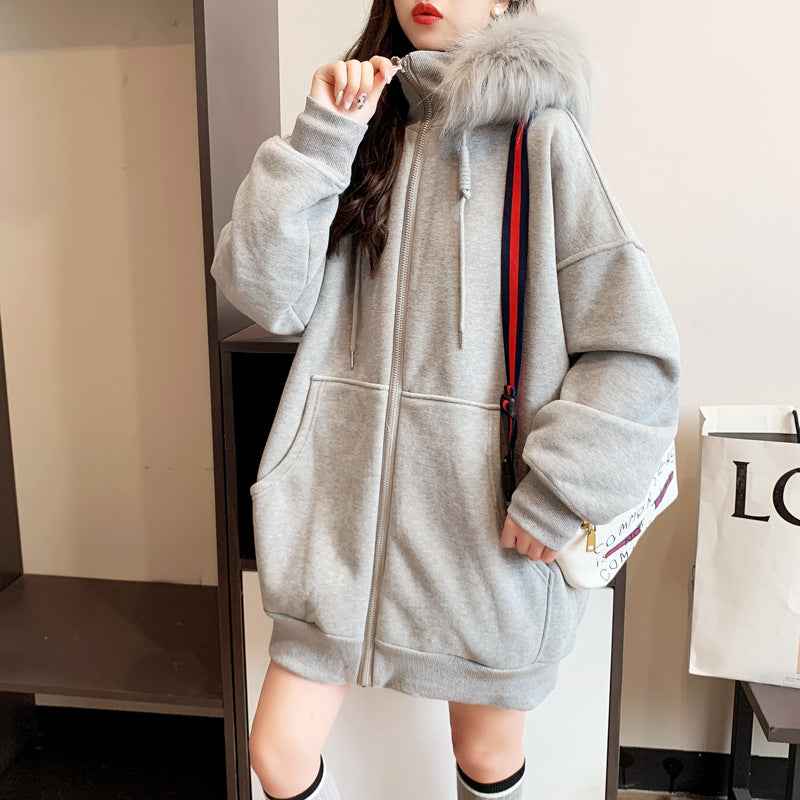 Plus Size Fleece-lined Thicker Hooded Cardigan Sweater Loose Design