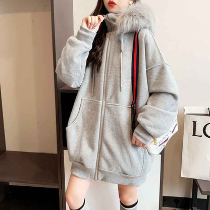 Plus Size Fleece-lined Thicker Hooded Cardigan Sweater Loose Design