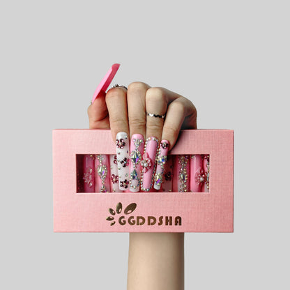 GGddsha 2025 Long Novel Design And Reusable Handmade Nails 10PCS Pmma Acrylic Nails Press OnNails Kit With Box Gifts For Women,Rose Bloom - DropOnline.co