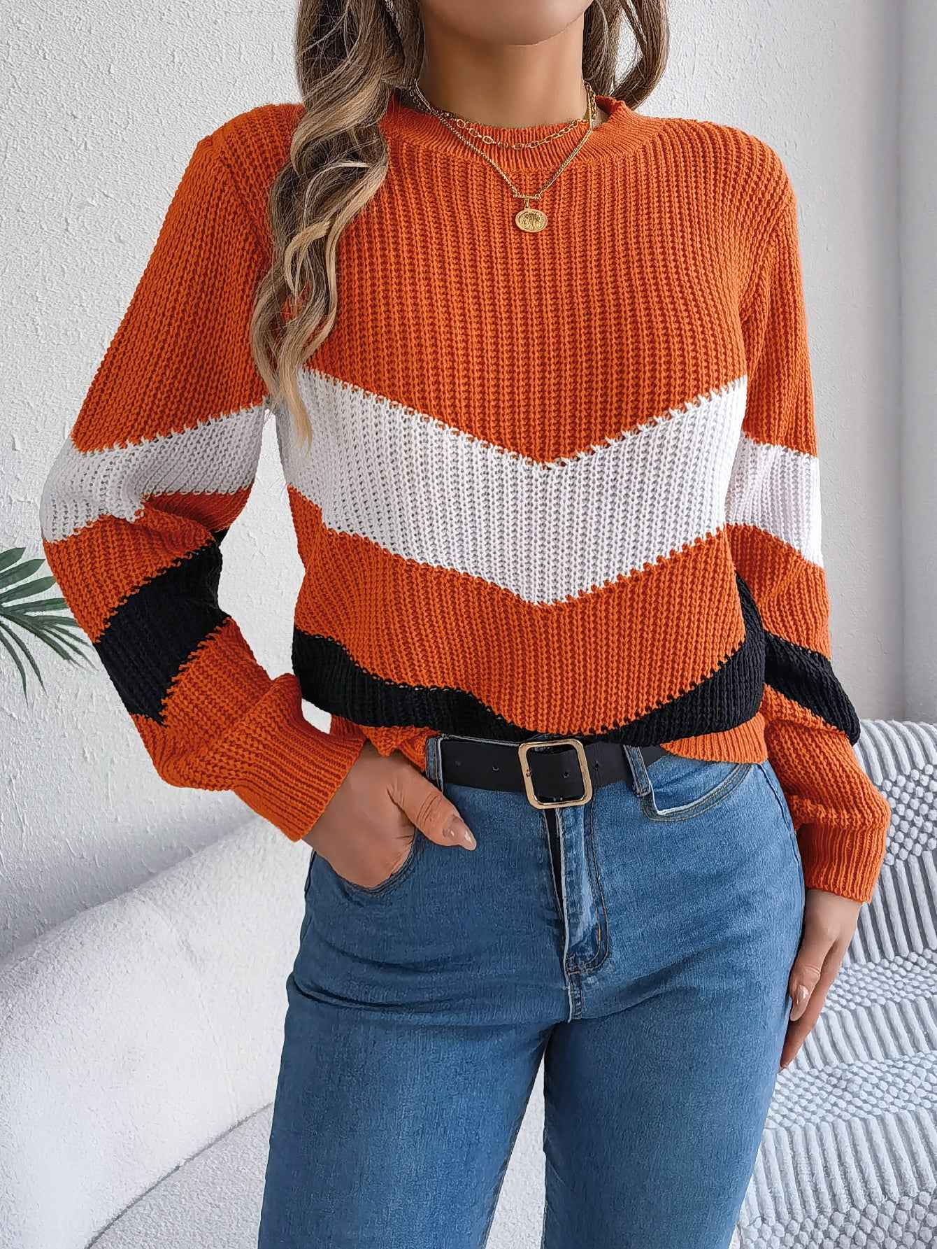 Women Casual Color Block Lantern Sleeve Pullover Sweater