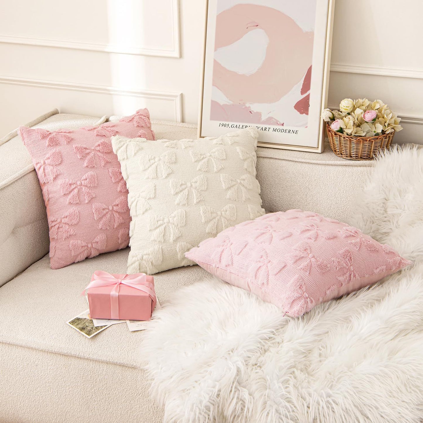 Embroidered Bow Plush Pillow Cover