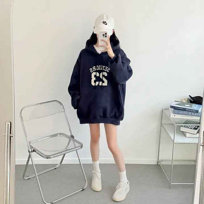 Hooded Embroidery Autumn And Winter Thin Velvet Padded Loose Lazy Style Sweatshirt