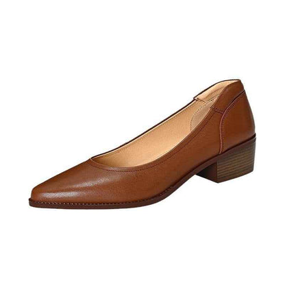 Women's Single Shoes Retro Brown Shallow Mouth Pointed Toe Commuting Mid-heel Anti-slip