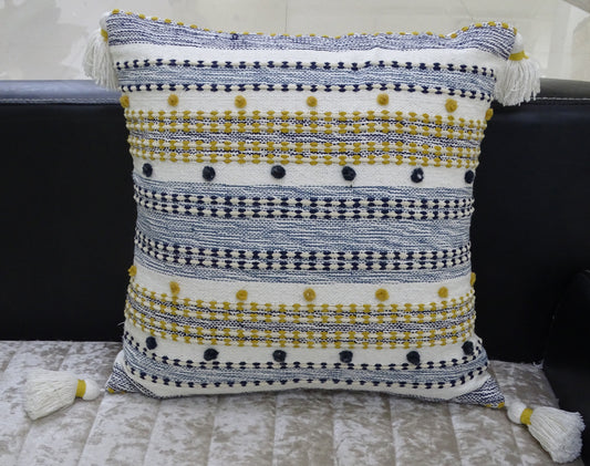 Coussin design rayé avec mini pompons et glands 50x50 cm
