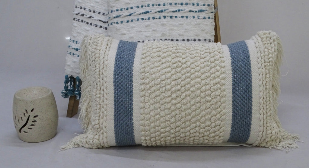 Decorative Striped Pillow with Loop Texture and Fringes 14"x24"
