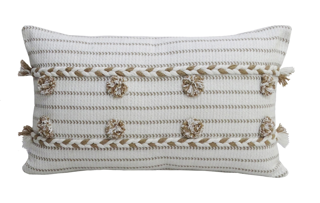 Coussin décoratif tissé à la main 35 x 60 cm avec pompons