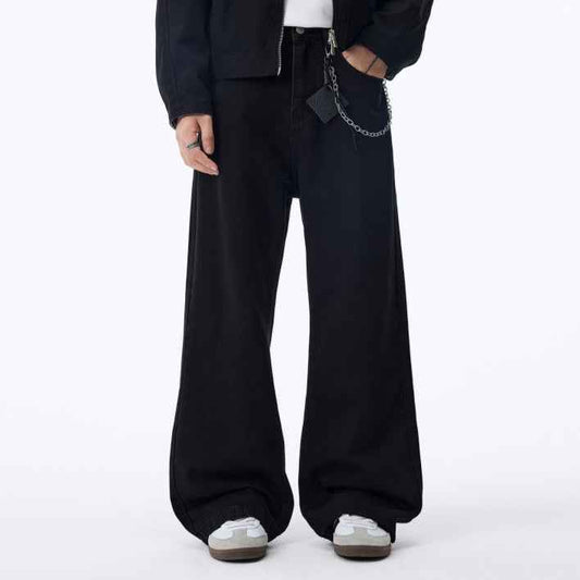Black Straight-leg Jeans With Fleece Lining For Autumn And Winter, American-style Casual Wide-leg
