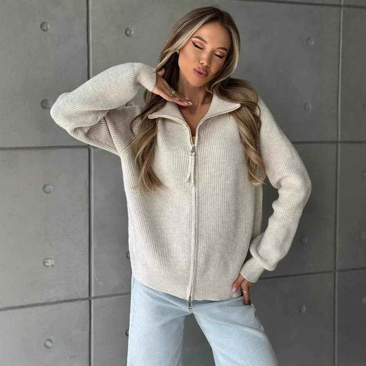 Women's Casual Knit Dual-zip Solid Color Sweater