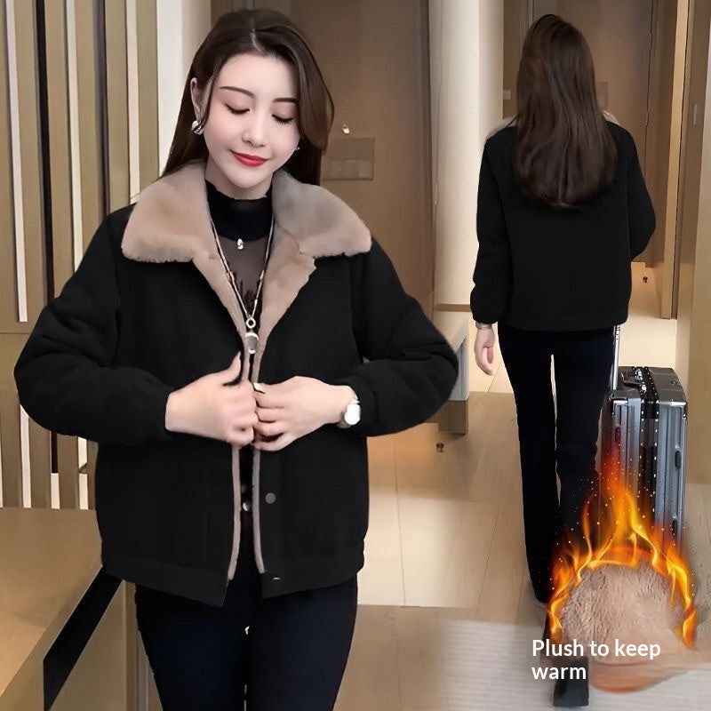 Corduroy Loose Fleece-lined Warm Jacket For Women