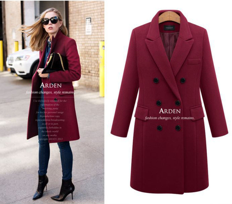 Women's Double-Breasted Woolen Coat - Long Winter Outerwear