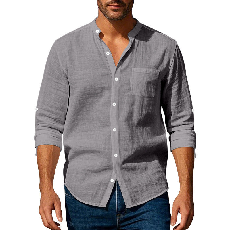 Men's Long Sleeve Stand Collar Shirt with Pockets - Casual Button-Up Top