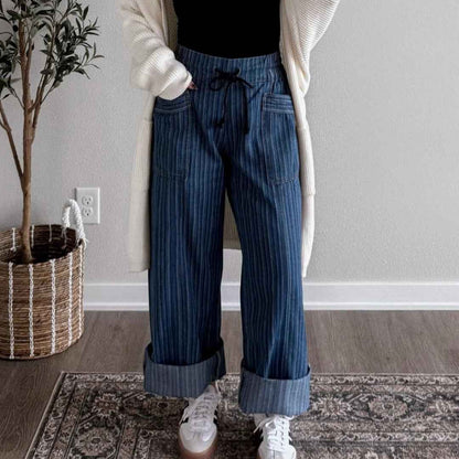 Women's Casual Loose Blue Striped Pants