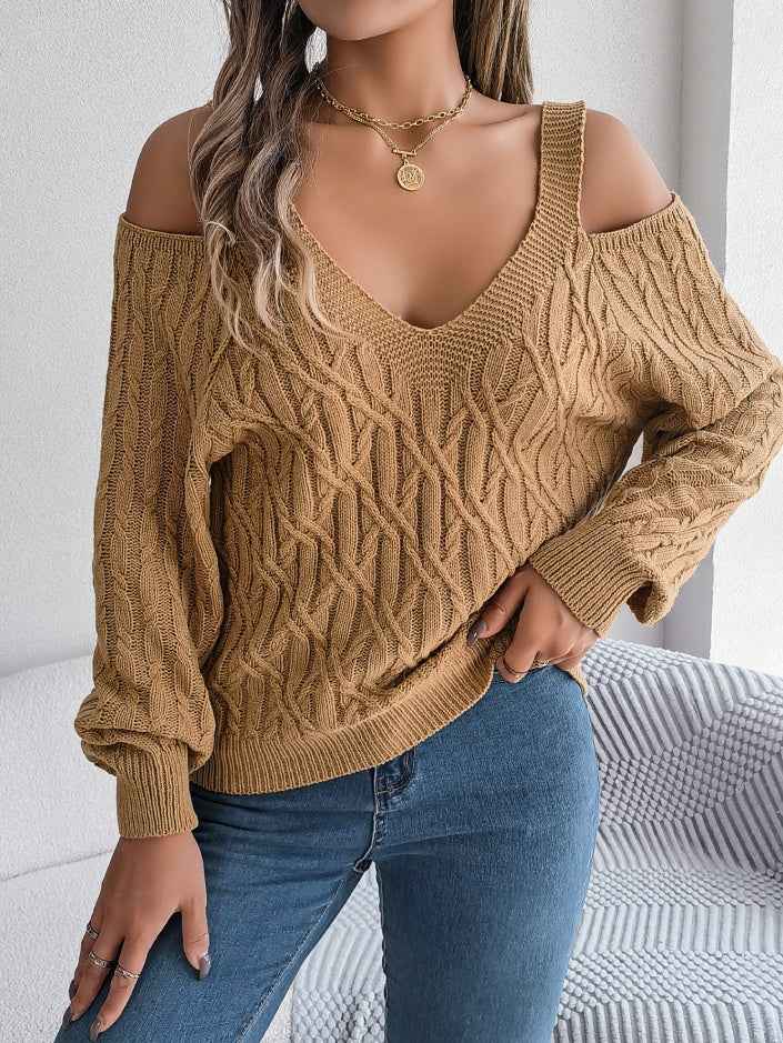 Women Casual Solid Color Cable Knit Off-Shoulder Lantern Sleeve Sweater