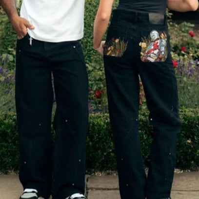 Black Jeans With Embroidered Silver Knight Armor