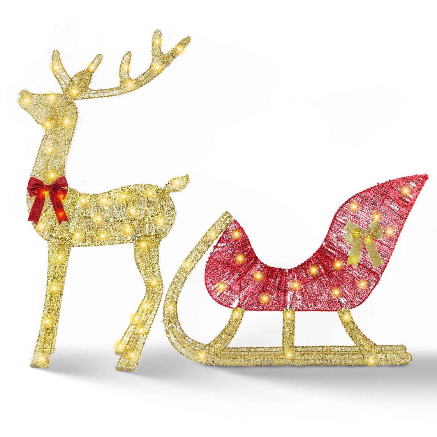 Lighted Christmas Reindeer & Sleigh - Indoor Outdoor Decoration with 8 Lighting Modes
