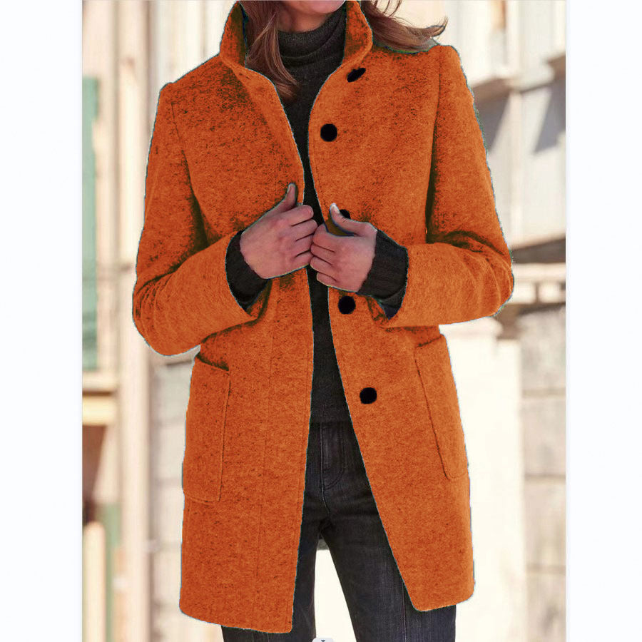 Pure Color Button Stand Collar Woolen Outwear