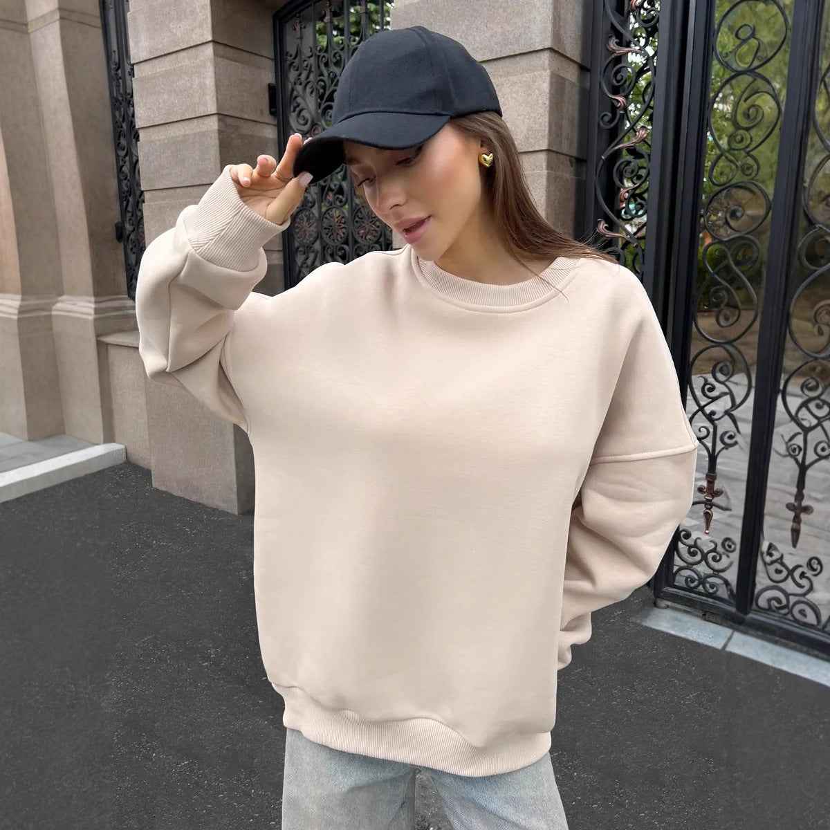 Fashionable Casual Retro Solid-color Thickened Crewneck Sweatshirt