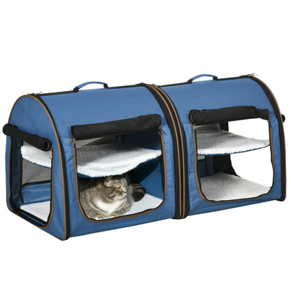 Portable Twin Compartment Show House Cat Cage 39  Soft-Sided Pet Kennel With Soft Cushions  Storage Bag Blue - DropOnline.co