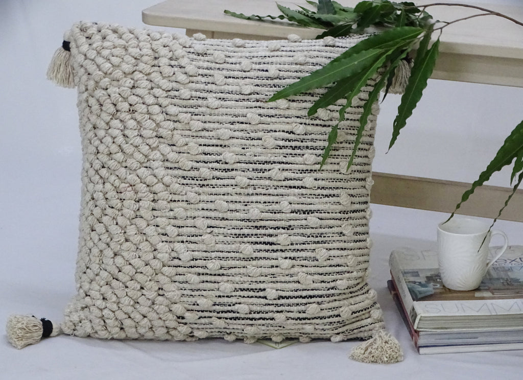 Housse de coussin décoratif beige tissée 50 x 50 cm avec coussin de rembourrage