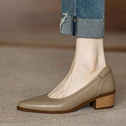 Women's Single Shoes Retro Brown Shallow Mouth Pointed Toe Commuting Mid-heel Anti-slip