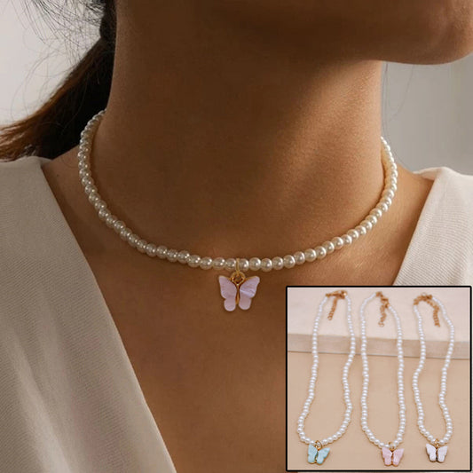 Elegant White Pearl Choker Necklace - Small Round Pearl Wedding Butterfly Necklace
