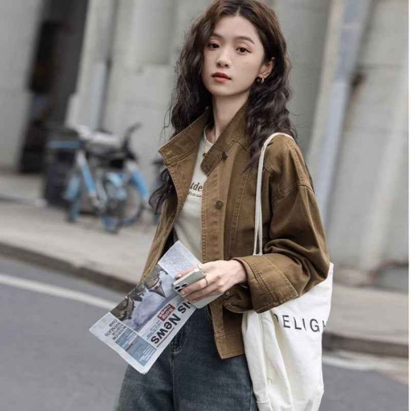 Korean Retro Workwear Stand-collar Jacket For Women