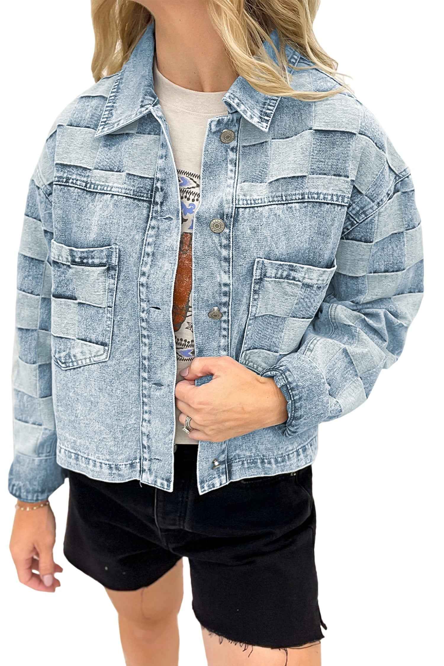 Women's Loose Casual Checkered Denim Jacket