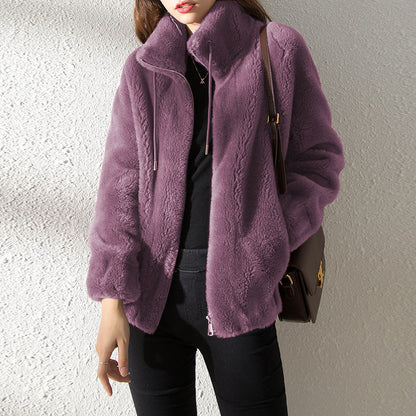 Double Faced Fleece Warm High Neck Sweater Women Cardigan - DropOnline.co