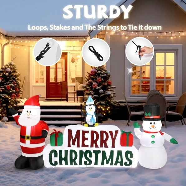 Inflatable Santa Claus and Snowman Holding Merry Christmas Sign - DropOnline.co