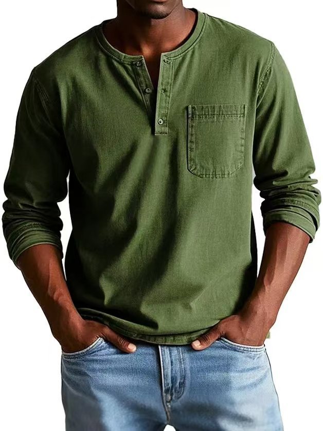 Men's V-Neck Long Sleeve T-Shirt - Button Design Casual Pullover