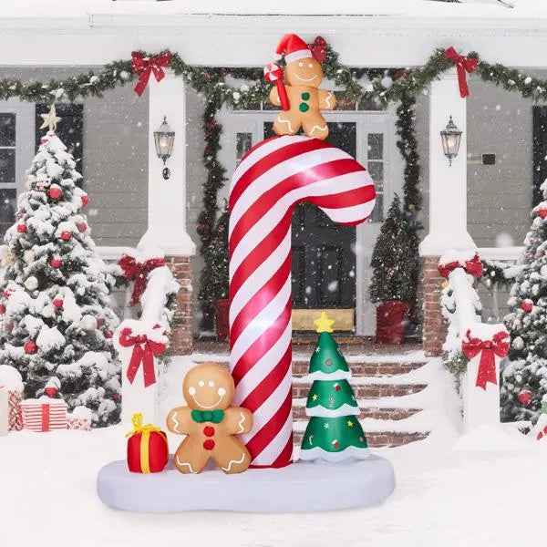 8.2FT Inflatable Giant Candy Cane with Gingerbread Men - LED Christmas Yard Decoration - DropOnline.co